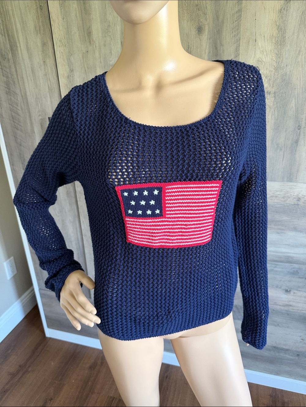 C & B Sport Navy Open-Knit Sweater with American Flag Patch